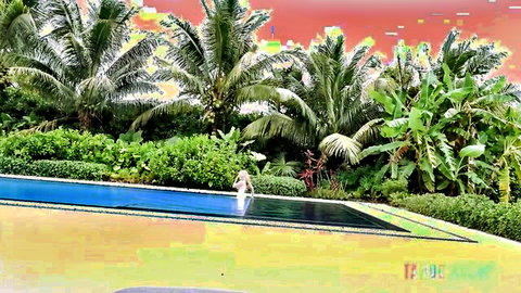 Blonde stepmom in white swimsuit by tropical pool, taboo family tease