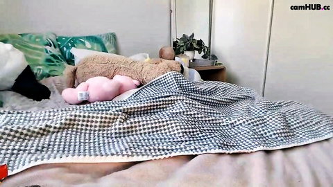 Cozy webcam bedroom with pink dildo toy, stuffed bears and pillows for young solo striptease