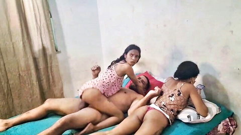 Asian lesbian threesome with older man, anal cowgirl penetration