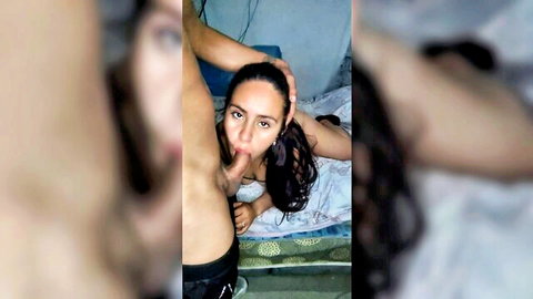 Latina woman giving deepthroat oral sex, intense closeup