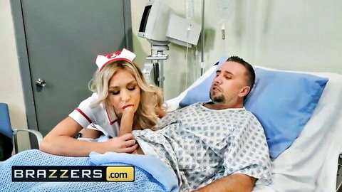 Carmen Caliente as horny nurse touching Keiran Lee in hospital gown