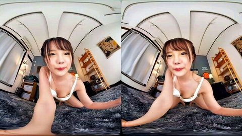 Asian woman in white harness poses seductively in VR solo scene