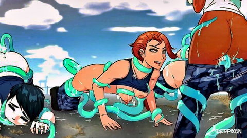Anime redhead and black-haired girls bound by tentacles in outdoor slime play