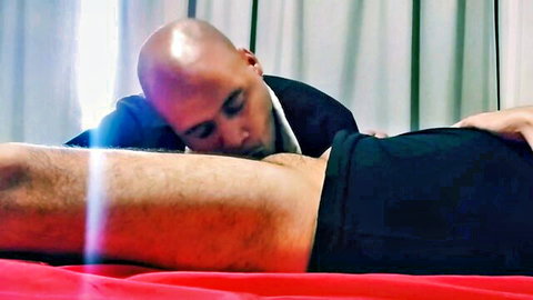 Bald Latino man secretly sucking tenant's cock in apartment