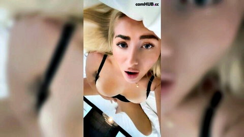Heyskylar aka Amanda Ries blonde in black bra, open mouth tease