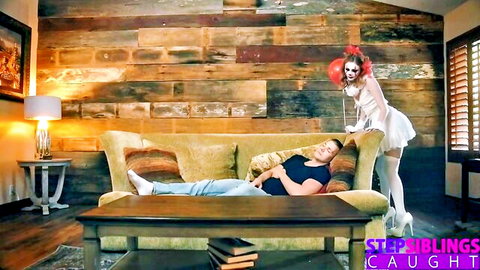Scarlet Skies as creepy clown teases stepbro on couch