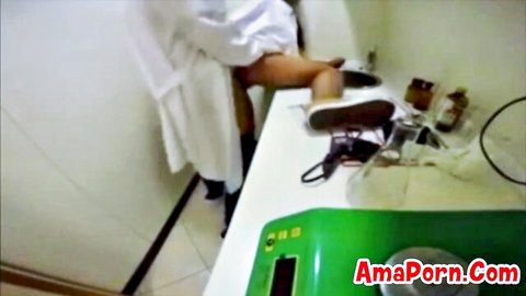 Hot colleague in white robe spreads legs in bathroom, amateur tease