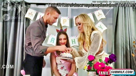 Blonde MILF and teen celebrate birthday with stepdad in party dress scene
