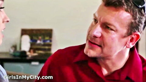Petite 18yo girl seductively chatting with handsome guy in red shirt