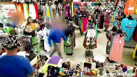 Em and Calvin in steamy ShopLyfter store encounter, blurred action