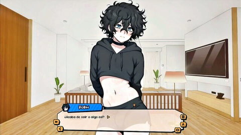 Cute anime femboy in cropped black hoodie and shorts posing seductively
