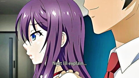 Busty purple-haired anime teacher embraced from behind in classroom