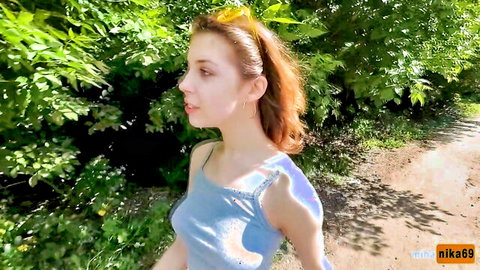 MihaNika69 redhead in blue tank top, outdoor park tease POV