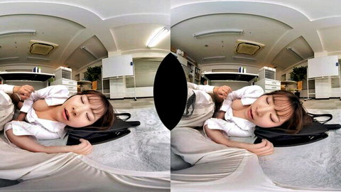 Asian woman napping in open white blouse, VR office tease