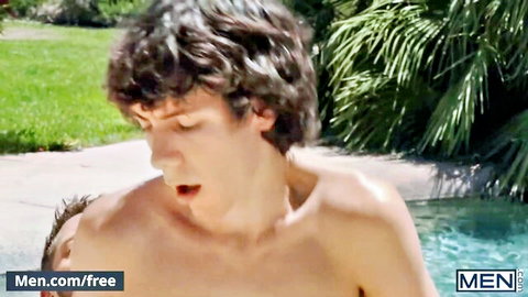 Johnny Ford strips shirtless by pool, mouth open in hot gay tease with Cristiano