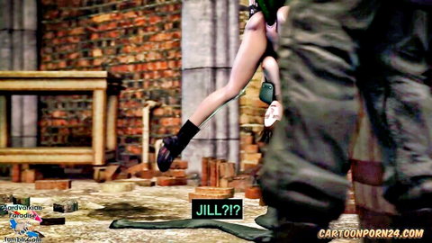 Jill Valentine in sexy Resident Evil hentai action pose, dynamic kick