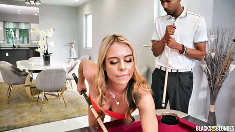 Blonde Summer Vixen in red dress bent over with black stud Scotty P teasing anal play