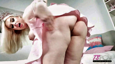 Ivory Mayhem bending over in pink dress, exposing big ass in TS POV