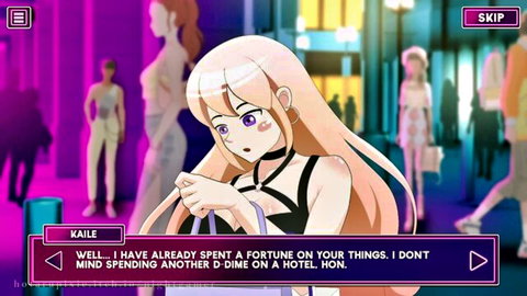 Anime girl with long pink hair in revealing white top, nightclub dialogue scene