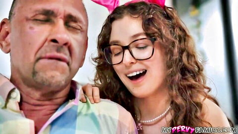 Curly-haired beauty with glasses and bunny ears teases stepdad in My Pervy Family scene