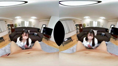 Cute Asian schoolgirl in uniform spreads legs in VR, exposing shaved pussy