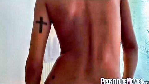 Skinny blonde girl's nude back with cross tattoo, blowjob video thumbnail
