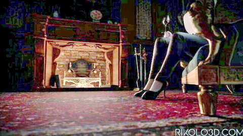 Rikolo's Futa Velma with Lady D in black pants and heels, legs spread seductively