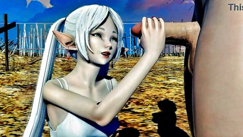 Anime elf girl with white hair stroking big black cock outdoors