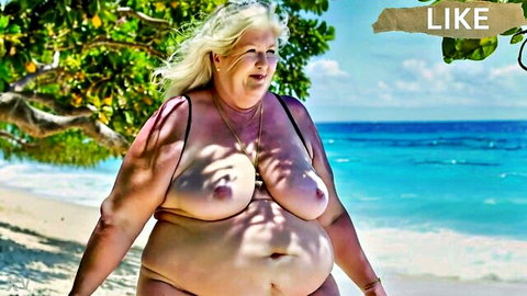 Blonde BBW granny with huge exposed tits and nipples posing on tropical beach
