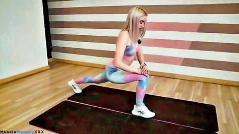 Blonde Nastya in tight leggings doing flexibility lunge stretch routine