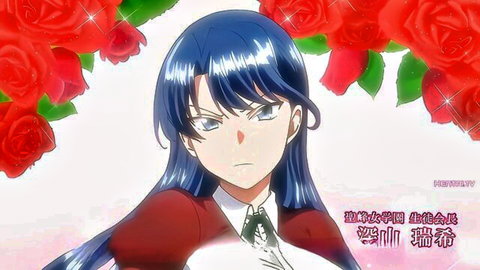 Blue-haired anime schoolgirl in red uniform, serious gaze, surrounded by roses - Yumemiru Otome Ep.2