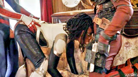 Ebony Predator cosplay fucks Spider-Gwen doggy style while she sucks Spider-Man cock in superhero threesome.
