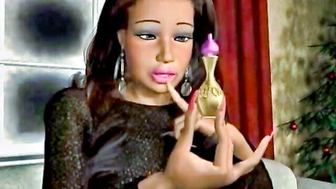 Busty 3D anime babe in sparkling black dress holds golden fantasy bottle
