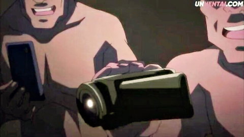 Anime hentai thumbnail of two muscular men smiling while filming with phone and camera