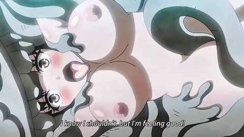 Busty hentai girl with massive tits squeezed by tentacles moaning in ecstasy