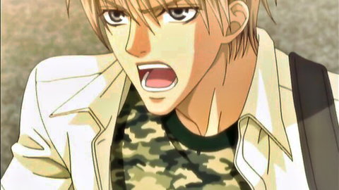 Blonde anime boy shouting intensely in white jacket, hentai yaoi preview