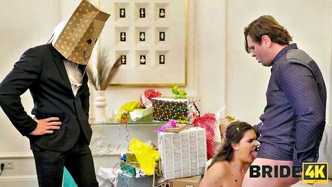 Taylee Wood bride sucking cock in wedding threesome with masked man