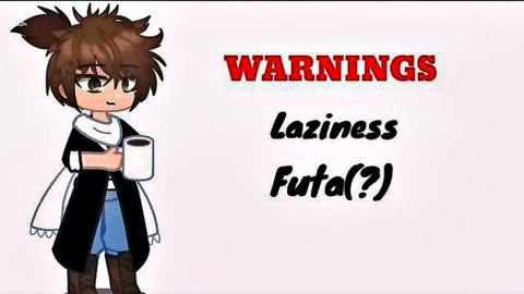 Chibi anime boy holding coffee with laziness and futa(?) warnings