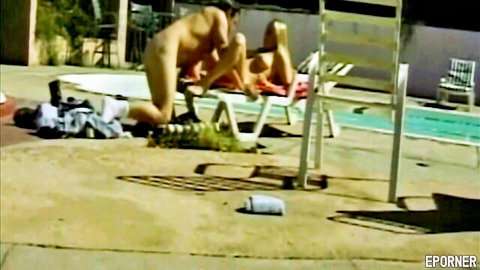 Vintage teen couple nude doggy style sex outdoor by pool