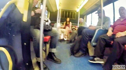 Anastasia Black in public bus sex scene with lover, brunette in red dress