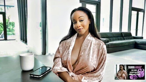 Lily Starfire in open pink satin robe, teasing deep cleavage in taboo stepmom tease