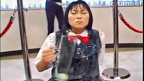 Asian schoolgirl bukkake facial, holding cum glass in uniform