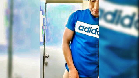 Muscular Asian straight guy in Adidas shirt teasing exposure, solo amateur tease