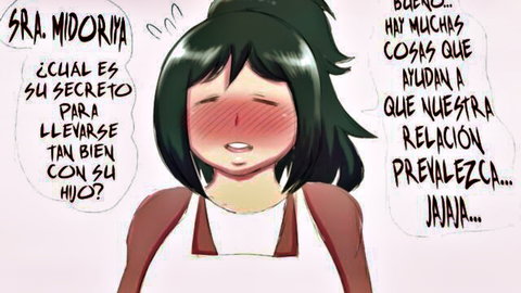 Blushing Inko Midoriya in apron hiding family secret, hentai art
