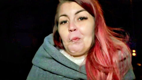 Cindy Shine redhead in gray hoodie, playful pout outdoors at night