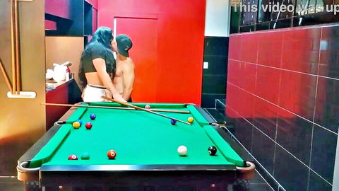 Petite brunette Thai babe bent over pool table with shirtless guy grinding behind her sexy tease