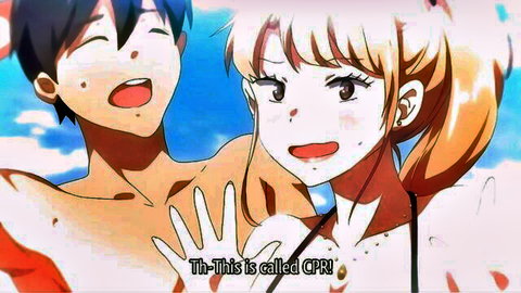 Anime blonde girl and boy in swimsuits on beach, smiling during CPR scene from hentai
