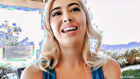 Smiling blonde big ass girl in blue top outdoors, teasing for taboo fuck
