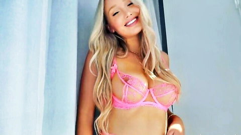 WettMelons blonde model in sexy pink Honey Birdette lingerie try-on