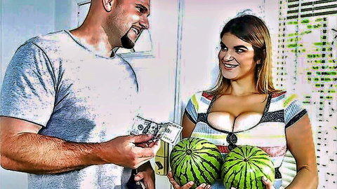 Jenni Noble as Watermelon Girl with huge tits, holding melons, cash from muscular man